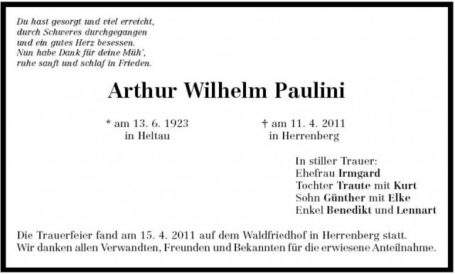 Paulini Artur Wilhelm 1923-2011 Todesanzeige